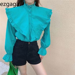 Ezgaga Streetwear Women Blouse Korean Chic Ruffled Long Flare Sleeve Solid Loose Basic Ladies White Shirts Casual Blusas 210430