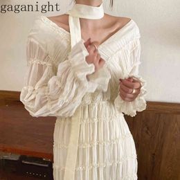 Gaganight Sweet Elegant Women Chiffon Bodycon Dress Ruffles Long Sleeve Sexy V Neck Dresses Office Lady Chic Korean Vestidos 210519