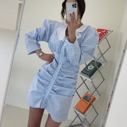 Puff Long Sleeve Mini Stripe Shirt Dress Summer Women Lapel V-neck Ruched Bodycon Elegant Casual Dress 210518