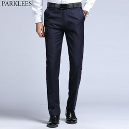 Men's Casual Slim Fit Flart Front Dress Pants Business Formal Straight Suit Pants Men Wedding Groom Black Trousers for Male 42 210522