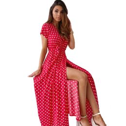 Fashion Women's Dress Summer Temperament Polka Dot V-neck Short Sleeve Slim Long women boho long maxi dress 210520
