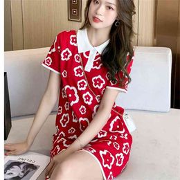 Fashion Knitting Dress Summer Women Short Sleeve Turn-Down Collar Korean Elegant Knit Casual Slim 210519