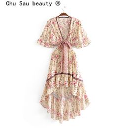Chu Sau beauty Boho Floral Print Swing Dress Women Holiday Style Fashion Irregular Dresses Female Vestido De Moda 210630