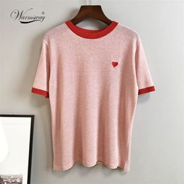 Summer Embroidery Love Heart Patchwork Knitted T-Shirt Women Thin O-Neck Short Sleeve Pullover 3 Colors Top B-047 210522