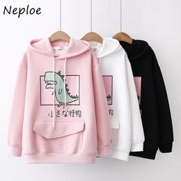 Neploe Japan Style Fleece Thicked Hoodies Chic Cartoon Dinosaur Printed Sweatshirt Sweet Hooded Drawstring Women Pullover 1H812 210423