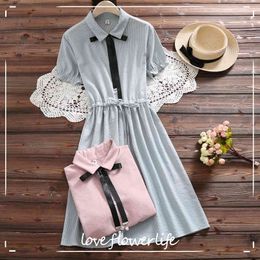 Turn-down Collar Tie With Bow Short Sleeved Woman Dress Summer Literature And Art Style Office Lady Dresses 210521