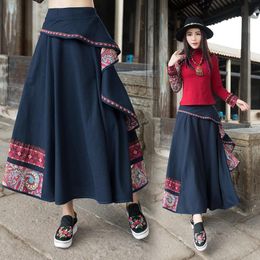 Saia de estilo étnico 2021 algodão linho estética primavera outono vintage floral impressão plissada longa jupe femme 11605 saias