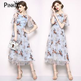 elegant summer maxi dress women light blue flower mesh dresses embroidery floral prairie chic drees beach vestidos mujer 210421