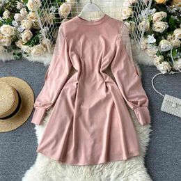 Women's Spring Autumn Dresses Solid Color Net Yarn Long-sleeved Korean Style Stand-up Collar Bow Short GX501 210507