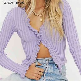 Candy Colours Sexy 4 Buttons V neck Long sleeve Wood ears Sweater Women Knitted Tight Jumper Front Slit Slim Cropped Cardigan 210429