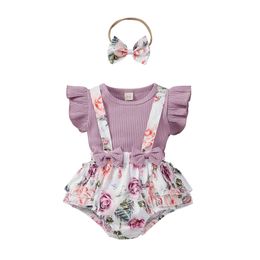 0-18M Summer Flower born Infant Baby Girls Clothes Set Purple Knitted Romper Overall Shorts Outfits Costumes 210515