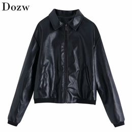 Fashion Black Colour PU Leather Coat Women Turn Down Collar Zipper High Street Jacket Long Sleeve Ladies Tops Chaqueta Mujer 210515