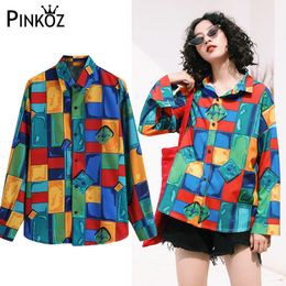 Women Geometr Pattern Print Casual Plus Size Blouse Lapel Long Sleeve Loose Fit Shirt Colourful Holiday Spring Autumn 210421