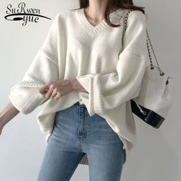 Plus Size V-Neck Sweater Primavera Outono Inverno de Manga Longa Mulheres de malha Pulôver Sólido Solto Feminino Jumper Knitwear 210510