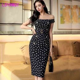 LDYRWQY summer Korean version sexy one word neck wave point slim body wrap hip fashion temperament dress 210416