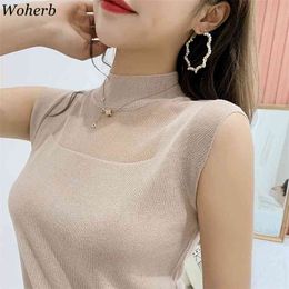 Women Summer Knitted Tank Top T-shirts Turtleneck Sexy Hollow Out Solid Tops Sleeveless T Shirt Casual Tees 210519