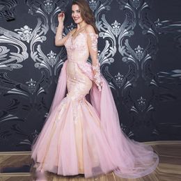 Spaghetti Long Sleeves Lace Mermaid Evening Dresses with Appliques Off Shoulder Sweep Train Tulle Formal Prom Party Special Occasions