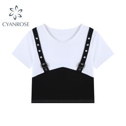 Summer Fashion Patchwork Women Crop Tops Fake 2 Pieces Slim Club Streetwear Casual O Neck Short Sleeve Ladies T-Shirts 210515