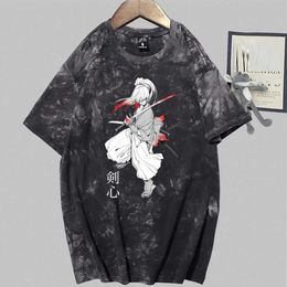 Rurouni Kenshin Print Short Sleeve Round Neck Tie Dye Hip Hop T-shirt Y0809