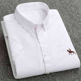 Summer Oxford Cotton Men Shirt Short Sleeve White social Casual Solid Formal Comfort Button-down Official work Dress shirt 210626