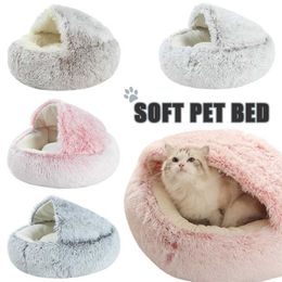 Warm Cat Long Plush Mat Soft Round Nest 2 In 1 Pet Kitten Bed House Autumn Winter Puppy Sleeping Cushion Sofa for Dogs 211111