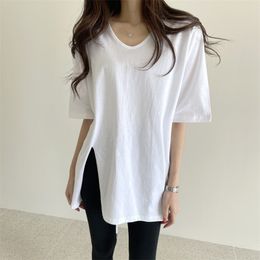 Summer Solid Loose Women T Shirt Tops Short Sleeve V-neck Splitting Tees Korean Fashion Female T-shirts Femme 210513