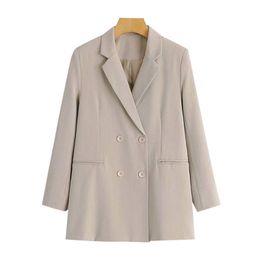 Women Fashion Office Wear Double Breasted Blazers Coat Vintage Long Sleeve Pockets Female Outerwear Chic Tops 210521