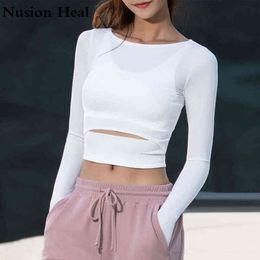 Women Gym White Yoga Crop Tops Yoga Shirts Long Sleeve Workout Tops Fitness Running Sport T-Shirts Training Yoga Sportswear Sexy H1221