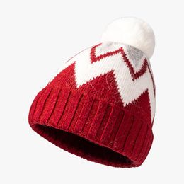 Striped jacquard Pompom Beanie Hat Winter Warm Knitting Thick Skull Caps for Women Valentines Day Christmas Gift