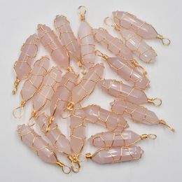 Gold Copper Wire Natural Stone Rose Quartz Amethyst Charms Hexagonal Healing Reiki Point Pendants for Jewellery Making
