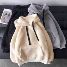 Sweatshirts Hoodie Autumn Winter Plush Warm Fluffy Double Pullover Loose Soft Thick Hoodie Tops for Teens 210910