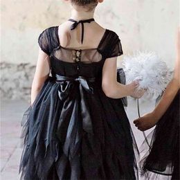 Black Party Dress Summer Style Fluffy Ball Gown Performance Evening Kids Clothes 2-7Y E7841 210610