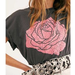 inspired vintage black tee boyfriend style fit distressed rose graphic t shirts for women short sleeve summer tee tops 210412