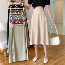 Vintage Midi Green Skirts with Sashes Women Loose Solid High Waist Lace Up Chiffon Female Spring Summer 210529