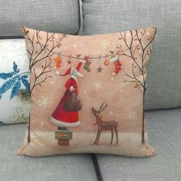 45cm Christmas Pillowcase Christmas Decorations Cartoon Snowman Deer Linen Cushion Xmas Home Sofa Cushions Cover