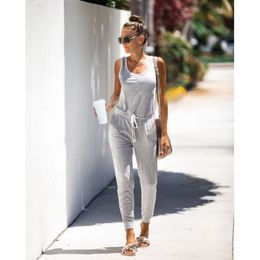 Women's Jumpsuit Autumn Fashion Casual Leisute Street Wear Suits Solid Round Neck Sleeveless Full Length One Piece Trousers 210422