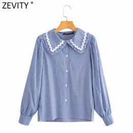 Women Sweet Peter Pan Collar Plaid Print Casual Blouse Office Lady Puff Sleeve Ruffle Retro French Shirt Chic Tops LS9274 210420