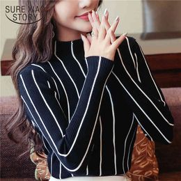 Wear Semi-collars Striped Jumpers Sweater Fashion Women Autumn Korean Bottom Sweaters Winter Clothes 1326 90 210417