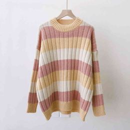 H.SA pull femme nouveaute Colorful Striped Jumpers Oneck Flare Sleeve Pink Chic winter clothes women 210417