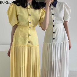 Korejpaa Women Set Summer Lapel Contrast Color Puff Sleeve Shirt High Waist Three Button Stitching Chiffon Pleated Skirts 210526