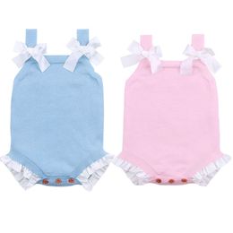 Bodysuits Bow Kids Body Suit For born Baby Girl Strap Summer Knitted Pattern Toddler Sleeveless Children Clothes 210417