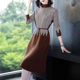 autumn and winter knitted dress French retro waist temperament inner base Office Lady Knee-Length 210416
