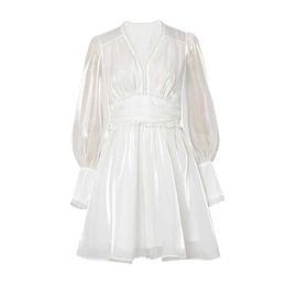 PERHAPS U V Neck Lantern Sleeve White Black Solid Satin Mini Dress Long Sleeve D2196 210529
