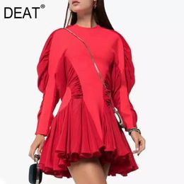 O-neck Collar Long Sleeve Knee Length Celebrity Bubble Pleated Short Dress Women Spring And Summer GX993 210421