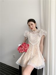 New design women's summer puff short sleeve o-neck lace fabric love heart patern slim waist short dress vestidos SML