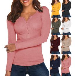 Women Spring T-Shirt Solid Colour Ribbed Henley Neck Long Sleeve Slim-fitting Pullover For Girls 7 Colours Fashion