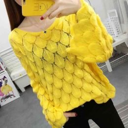 Women's Sweater Summer Knitwear Cutout Thin Tops Loose Large Size Solid Color Sleeve Pullover 210527