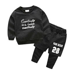 Autumn Spring 2 3 4 6 8 10 Years Cotton Black Striped Handsome Sweatshirt+Pants 2 Pieces Sports Set For Kids Baby Boys 210529