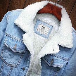 Men Light Blue Winter Jean Jackets Outerwear Warm Denim Coats Large Size Wool Liner Thicker Size6XL 210811