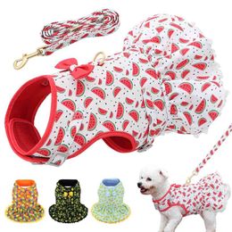 Cute Printed Chihuahua Dog Cat Harness Leash Set Summer Pets Puppy Clothes Dress Small Dog Vest For Pug Yorkie French Bulldog 210729